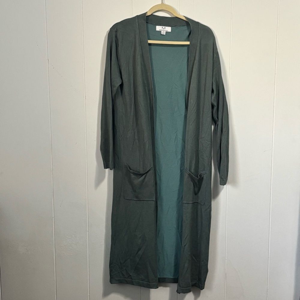 Magaschoni Womens Teal Green Open Front Duster Cardigan Longline Knit Sweater M